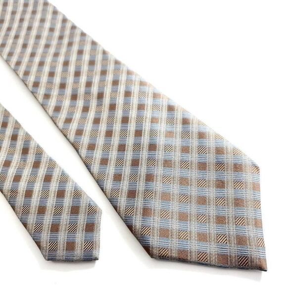Calvin Klein Brown Blue Plaid‎ Woven Silk Tie - Picture 1 of 6